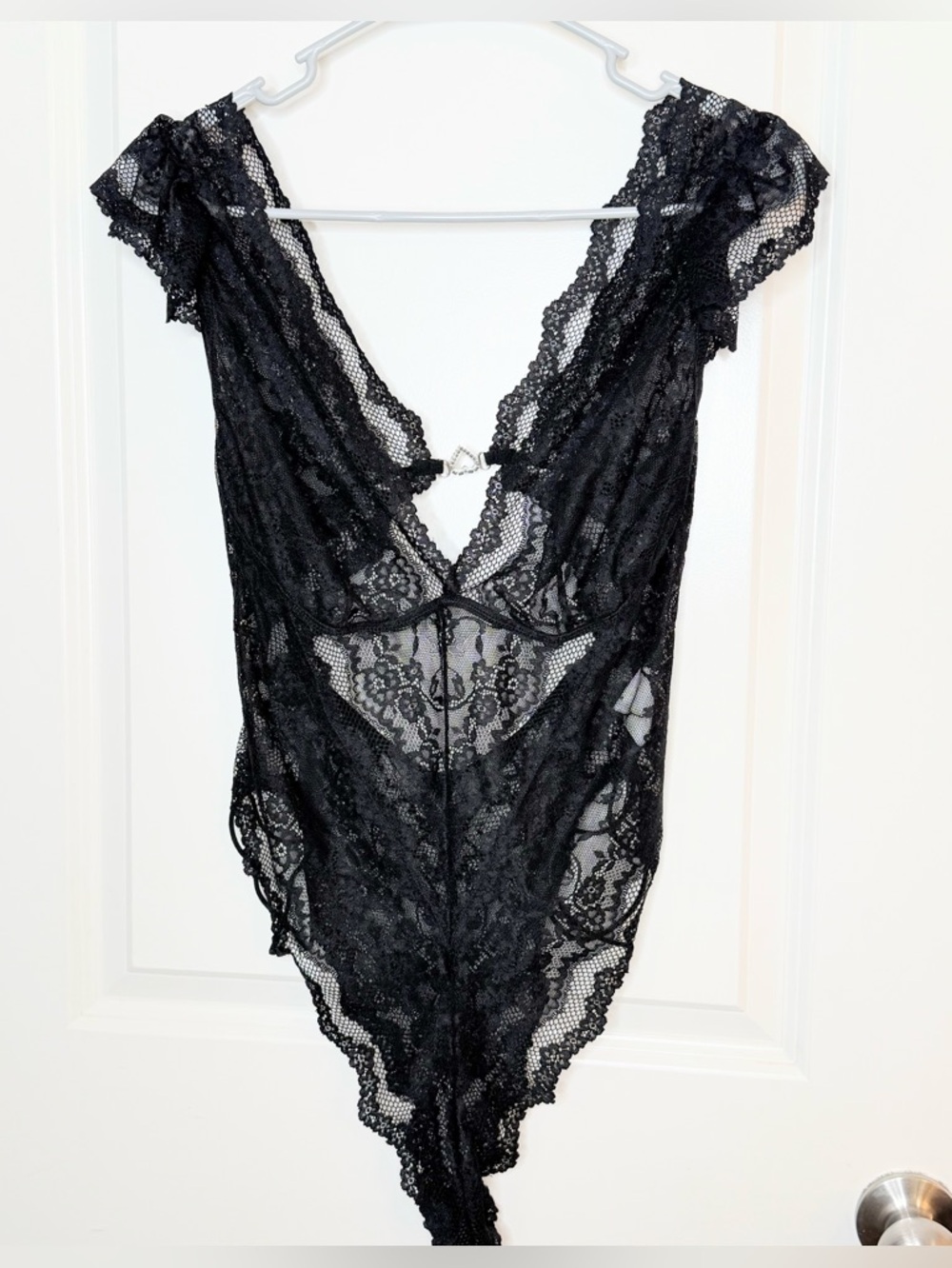 Black Lace Teddy Bodysuit XL Sheer Plunge Lingerie One Piece Stretch